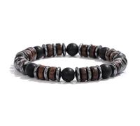 Wqishinuanyang Pulsera de cuentas de madera vintage para hombre, ónix negro, pulsera de piedra de hematita, hecha a mano, 19 CM, Piedra Cuero