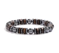 Wqishinuanyang Pulsera de cuentas de madera vintage para hombre, ónix negro, pulsera de piedra de hematita, hecha a mano, 19 CM, Piedra Cuero
