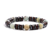 Wqishinuanyang Pulsera de cuentas de madera vintage para hombre, ónix negro, pulsera de piedra de hematita, hecha a mano, 19 CM, Piedra Cuero