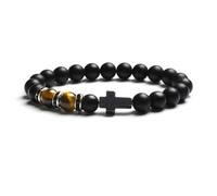 Wqishinuanyang Pulsera elástica con cuentas de ojo de tigre y ágata negra mate de 8 mm para hombre y mujer, 21cm-8.3inch, Piedra Cuero