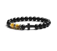 Wqishinuanyang Pulsera elástica con cuentas de ojo de tigre y ágata negra mate de 8 mm para hombre y mujer, 17cm-6.7inch, Piedra Cuero