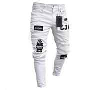WQZYY&ASDCD Jeans Vaqueros Pantalon Hombres Elásticos Rasgados Skinny Biker Bordado Estampado Jeans Destruido Agujero con Cinta Slim Fit Denim Rayado Jean M Blanco