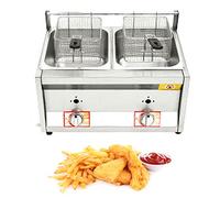 WQZzjm Freidora de Gas Comercial de encimera, freidora de Gas GLP, Tanques Dobles con Tapa de Cesta de 10 l x 2, Acero Inoxidable, propano GLP para Papas Fritas en la Cocina o Restaurante.