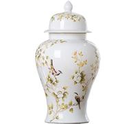 WQZzjm Jarrones de cerámica Ginger Jar con Tapa para decoración del hogar, jarrón Temple Jar con Estampado de pájaros y Flores Blancas, jarrón Temple Jar,