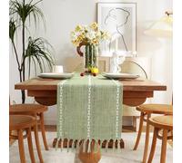 Wracra Camino de Mesa de Algodón con Tejido Calado, Estilo Campesino Camino de Mesa de 180cm de Largo con Borlas para Decoración de Mesas de Comedor, Cocina y Postres (Verde Salvia, 180cm)