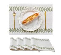 Wracra Manteles Individuales Lavables de Algodón y Lino, Set de 4 | 33 × 45 cm, diseño bordado hoja, rústico moderno, resistente al calor, grueso y resistente, comedor, decoración del hogar