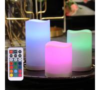 WRalwaysLX Velas de plástico sin llama para exteriores e interiores, velas parpadeantes LED que cambian de color con control remoto y temporizador, 3 unidades, utilizadas por 3 pilas AAA(coloridas)