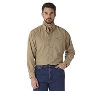Wrangler Camisa de Trabajo de Manga Larga Resistente al Fuego con Bolsillo con Solapa para Hombre, Sarga Caqui, L