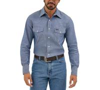 Wrangler Cowboy Cut - Camisa de trabajo western de manga larga para hombre con botones a presión y acabado lavado, cambray azul medio, 18.5" Neck 38" Sleeve