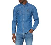 Wrangler LS Western Denim Shirt Camisa Vaquera, Azul (Mid Stone), S para Hombre