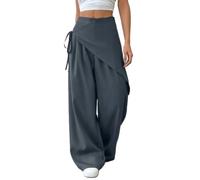 Wrap Wide Leg Pants for Women Asymmetrical Side Tie Palazzo Trousers (Gray,XL)