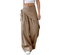 Wrap Wide Leg Pants for Women Asymmetrical Side Tie Palazzo Trousers (Khaki,S)