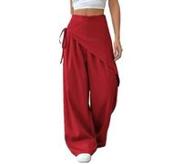 Wrap Wide Leg Pants for Women Asymmetrical Side Tie Palazzo Trousers (Red,M)