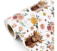 WRAPAHOLIC Highland Cow - Rollo de papel de regalo, mini rollo, 17 pulgadas x 16.5 pies, papel de regalo floral y vaca de las tierras altas para cumpleaños, baby shower, boda