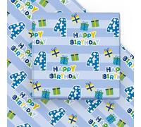 WRAPAHOLIC Hoja de papel de regalo de 4º cumpleaños, 6 hojas azules de feliz cumpleaños con diseño de caja de regalo, plegadas para cumpleaños, fiestas, baby showers, 19.7 x 27.5 pulgadas por hoja