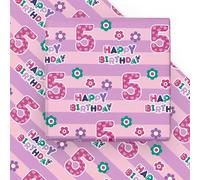 WRAPAHOLIC Hoja de papel de regalo de 5º cumpleaños - 6 hojas de feliz cumpleaños rosa con diseño floral plegado plano para cumpleaños, fiestas, baby showers - 19.7 pulgadas x 27.5 pulgadas por hoja