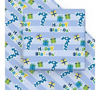 WRAPAHOLIC Hoja de papel de regalo de 7º cumpleaños, 6 hojas azules con diseño de caja de regalo, plegadas para cumpleaños, fiestas, baby showers, 19.7 x 27.5 pulgadas por hoja
