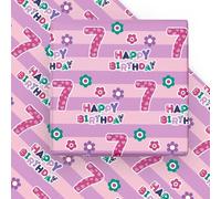 WRAPAHOLIC Hoja de papel de regalo de 7º cumpleaños - 6 hojas de feliz cumpleaños rosa con diseño floral plegado plano para cumpleaños, fiestas, baby showers - 19.7 pulgadas x 27.5 pulgadas por hoja