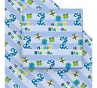 WRAPAHOLIC Hoja de papel de regalo de segundo cumpleaños, 6 hojas azules de feliz cumpleaños con diseño de caja de regalo, plegadas para cumpleaños, fiestas, baby showers, 19.7 x 27.5 pulgadas por