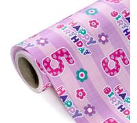 WRAPAHOLIC Papel de regalo de 5º cumpleaños - Mini rollo - 17 pulgadas x 33 pies - Feliz cumpleaños rosa con diseño floral para cumpleaños, fiestas, vacaciones