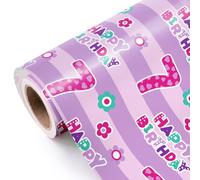WRAPAHOLIC Papel de regalo de 7º cumpleaños - Mini rollo - 17 pulgadas x 33 pies - Feliz cumpleaños rosa con diseño floral para cumpleaños, fiestas, vacaciones