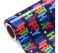 WRAPAHOLIC Papel de regalo de cumpleaños - Mini rollo - 17 pulgadas x 33 pies - Papel de regalo de feliz cumpleaños azul para niños, cumpleaños, baby shower, boda