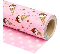 WRAPAHOLIC Papel de regalo de helado rosa reversible tamaño jumbo, 30 pulgadas x 33 pies, papel de regalo de cumpleaños de helados y lunares para niñas, cumpleaños de niños y niñas, baby shower