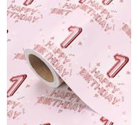 WRAPAHOLIC Papel de regalo de primer cumpleaños para niña, mini rollo, 17 pulgadas x 16.5 pies, papel de regalo de feliz cumpleaños, perfecto para niñas y baby shower