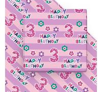 WRAPAHOLIC Papel de regalo de tercer cumpleaños, color rosa con diseño floral, 6 hojas, 19.7 x 27.5 pulgadas cada una
