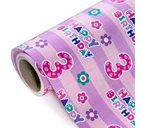WRAPAHOLIC Papel de regalo de tercer cumpleaños - Mini rollo - 17 pulgadas x 33 pies - Feliz cumpleaños rosa con diseño floral para cumpleaños, fiestas, vacaciones