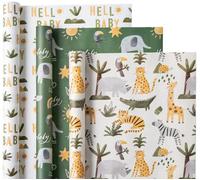 WRAPAHOLIC Papel de regalo Kraft para baby shower, mini rollo, 3 rollos, 17 x 120 pulgadas, diseño de Hello Baby y Animal para baby shower, cumpleaños, fiesta, vacaciones