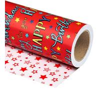 WRAPAHOLIC Papel de regalo reversible de cumpleaños, mini rollo, 17 pulgadas x 33 pies, diseño de letras rojas "Happy Birthday to you" para cumpleaños, vacaciones, fiestas, baby shower