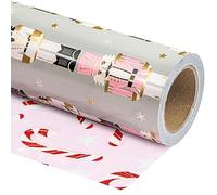WRAPAHOLIC Papel de regalo reversible de Navidad, mini rollo, 17 pulgadas x 33 pies, cascanueces y bastón de caramelo impreso en papel perlado para Navidad, vacaciones, celebración de fiesta