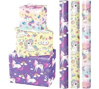 WRAPAHOLIC Rollo de papel de regalo de cumpleaños de unicornio, mini rollo, 3 rollos, 17 x 120 pulgadas por rollo, diseño de unicornio arcoíris para cumpleaños de niños y niñas, fiesta de unicornio,