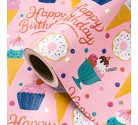 WRAPAHOLIC Rollo de papel de regalo de cumpleaños, mini rollo, 17 pulgadas x 33 pies, papel de regalo de feliz cumpleaños rosa con lámina dorada para celebración de niños y niñas, fiesta, baby shower