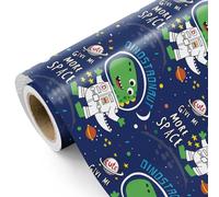 WRAPAHOLIC Rollo de papel de regalo de dinosaurio espacial - Mini rollo - 17 pulgadas x 16.5 pies - Papel de regalo de cumpleaños de dinosaurio para cumpleaños de niños, baby shower