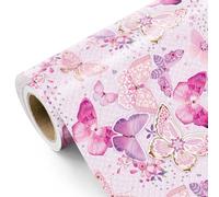WRAPAHOLIC Rollo de papel de regalo de mariposa rosa, mini rollo, 17 pulgadas x 9.8 pies, diseño de mariposa de fantasía, perfecto para cumpleaños, bodas, despedidas de soltera