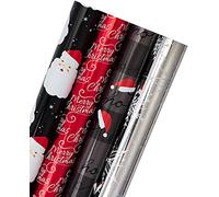 WRAPAHOLIC Rollo de papel de regalo de Navidad jumbo - Papá Noel retro negro y rojo, copo de nieve plateado, colección navideña de sombrero de Papá Noel HO con brillo metálico - 4 rollos - 30 pulgadas