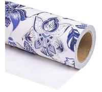 WRAPAHOLIC Rollo de papel de regalo floral azul kraft, mini rollo, 17 pulgadas x 33 pies, diseño floral vintage azul y blanco, perfecto para cumpleaños, baby shower, boda, fiesta
