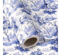 WRAPAHOLIC Rollo de papel de regalo floral azul y blanco - Mini rollo - 17 pulgadas x 16.5 pies - Diseño clásico azul francés Toile De Jouy perfecto para bodas, cumpleaños, despedidas de soltera,