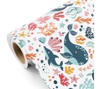 WRAPAHOLIC Rollo de papel de regalo oceánico - Mini rollo - 17 pulgadas x 9.8 pies - Diseño coralino de ballenas delfines para niños y niñas, cumpleaños, baby shower