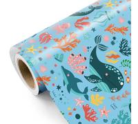 WRAPAHOLIC Rollo de papel de regalo oceánico, mini rollo, 17 pulgadas x 9.8 pies, diseño de ballenas, delfines, azul marino, para cumpleaños de niños y niñas, baby shower
