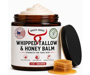 Wrath & Remedy Sebo de ternera orgánica batida a mano para la piel, 100 ml (sin fragancia), crema hidratante de sebo de vaca con hierba y bálsamo de miel para pieles sensibles y sedosas, con eczema