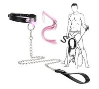 WreGmgg Collar De Anillo De Hierro De Cuero Negro Con LáTigo Rosa, Decorado De Moda - Juego De 2 Piezas - Cuero De Alta Gama - Longitud Ajustable - Accesorios De Fiesta - Regalo Original - Z