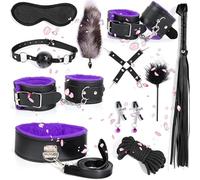 WreGmgg Conjunto De Dormitorio De Cuero Ajustable De 11 Piezas, Palo De Pluma Y CombinacióN De MáScara De Ojo del SueñO, Regalo De Pareja - D18 (PúRpura)