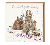 Wrendale Designs by Hannah Dale - Eat, Drink And Be Merry - Tarjeta de Navidad laminada dorada - individual