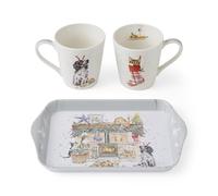 Wrendale Designs Juego de taza y bandeja de Navidad "No Place Like Home con motivos de gato y perro