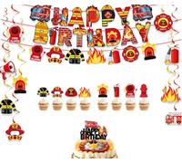 WREWING Kit de decoración de fiesta de bombero de cartulina de alta calidad: pancarta, decoración de tartas y accesorios de fondo para fiestas temáticas de cumpleaños