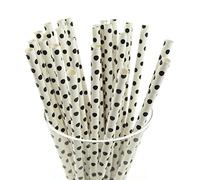 WREWING Pajitas de papel de lunares, paquete de 100 pajitas biodegradables de 19,7 cm para fiestas, batidos y té de burbujas (puntos blancos y negros)