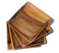 WRIGHTMART Juego de 4 platos de madera de acacia, platos cuadrados de 10 pulgadas, madera maciza de una sola pieza, se dobla como tabla de servir, juego de platos de madera para carne, pasta, ensalada